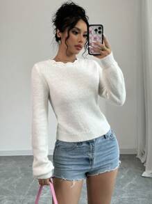 Selianne 女士圣诞气氛珍珠纽扣背面纯色毛衣、长袖上衣