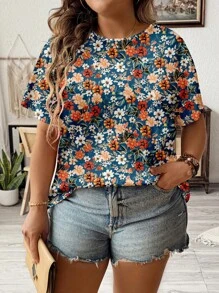EMERY ROSE Casual Floral Loose Round Neck Short Sleeve Plus Size Shirt, Summer