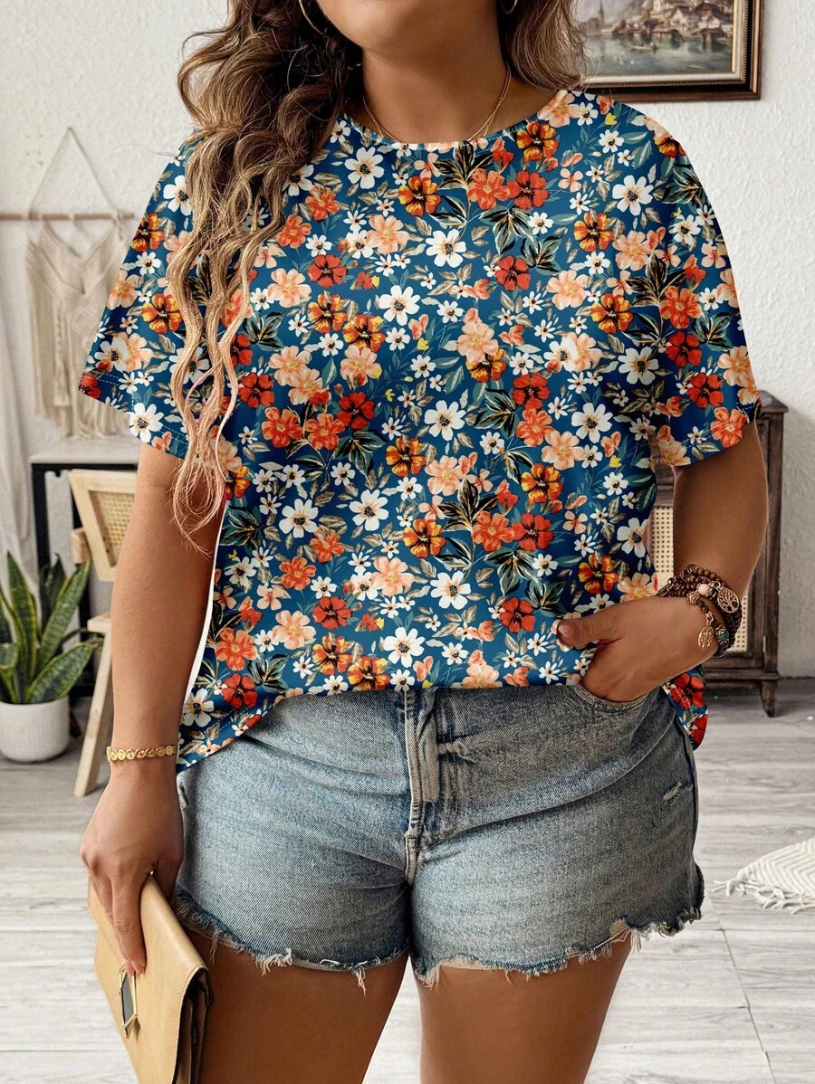 EMERY ROSE Casual Floral Loose Round Neck Short Sleeve Plus Size Shirt, Summer