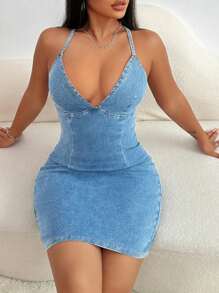 SHEIN SXY 女士纯色挂脖露背无袖牛仔连衣裙 - 淺色水洗藍 - 查看 6