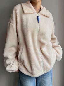 DAZY 女士秋冬宽松休闲翻领落肩长袖抓绒外套，保暖内衬女式大衣 - 米色 - 查看 3