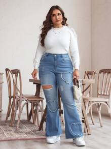 SHEIN LUNE Jeans casuales de talla grande para mujer con bolsillo y bota acampanada rotos