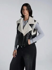 LYSMO Veste régulière à col duveteux patchwork pour femme, automne-hiver - Multicolore - Voir 5