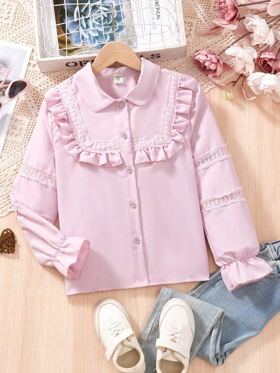 Girls' Solid Color Frill Trim Long Sleeve Button Front Casual Shirt