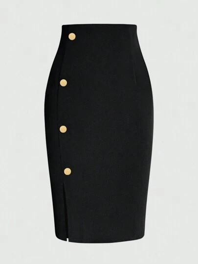 EARO 女士 OL 风时尚休闲日常百搭单排金属扣半身裙，高腰收腰设计，优雅宽松 OL 专业修身半身裙，春秋季黑色