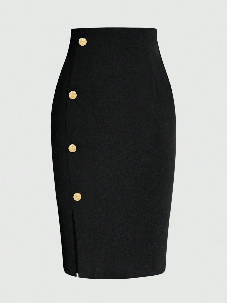 EARO 女士 OL 风时尚休闲日常百搭单排金属扣半身裙，高腰收腰设计，优雅宽松 OL 专业修身半身裙，春秋季黑色 - 黑色 - 查看 1