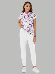 TaskEZ Women Heart Pattern Stand Collar Bat Wing Sleeve Blouse And Pants Uniform Scrub Set - White - View 7