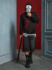 WB Horror X SHEIN Sudadera con capucha casual suelta para hombres con estampado de salpicaduras y máscara tipo Jason