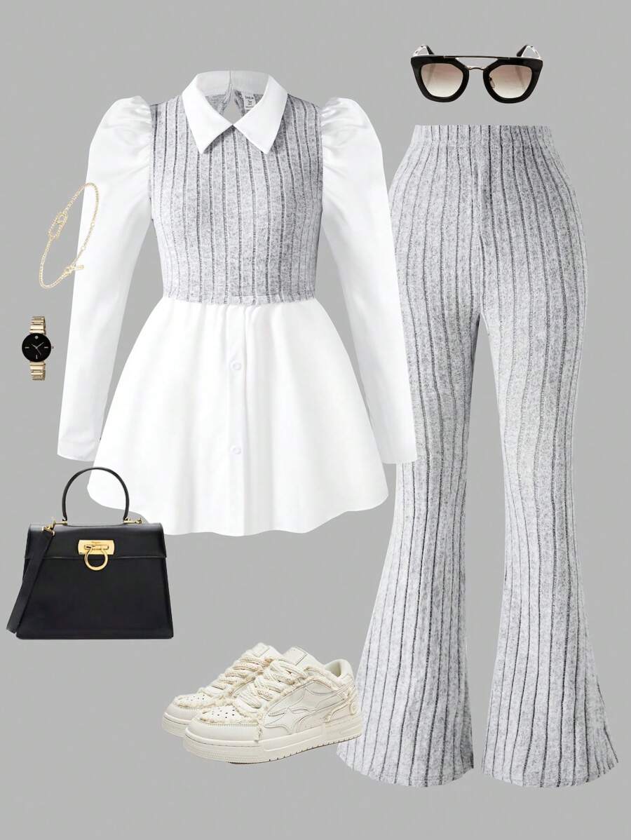 2pcs/Set Teen Girls Ribbed Shirt And Ribbed Elastic Waist Flare Pants - Grey - View 1