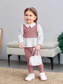 SHEIN 2pcs Baby Girl Casual Cute Knitted False 2-Piece Colorblock Collar Long Sleeve Top And Elastic Waist Pants Set - Multicolor - View 5