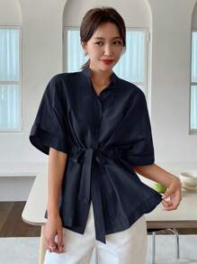 DAZY 女士休闲商务腰部抽绳设计纽扣衬衫夏季，荷叶边，商务休闲女装