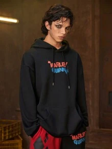 ROMWE MEN Harley Quinn | ROMWE Men's Minimalist Print Hooded Sweatshirt And Pants Set - Black - View 3