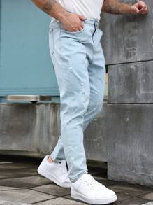 Manfinity Homme Men's Plus Size Casual Washed Ripped Tapered Jeans, Plain Light Jeans Slim Fit Long Baby Blue Washed Cargo Jeans, For Husband, Boyfriend Gifts - Blue - View 3