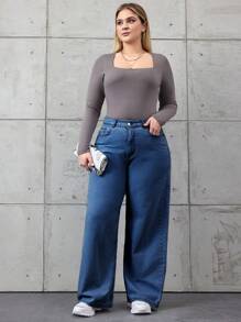 SHEIN Cottnline Women's Solid Color Simple Style Plus Size Jeans - Medium Wash - View 3