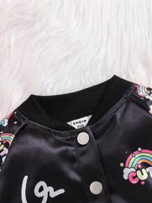 Baby Girl Rainbow Bear Graphic Casual Stylish Jacket, Bomber Jacket Baby Girl - Black - View 9