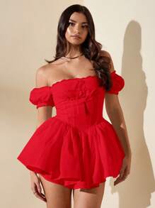 SHEIN BAE 女士优雅露肩荷叶边连体裤，适合海滩度假、约会、郊游、派对、姐妹聚会、勃艮第、秋季服装 - 紅色 - 查看 6