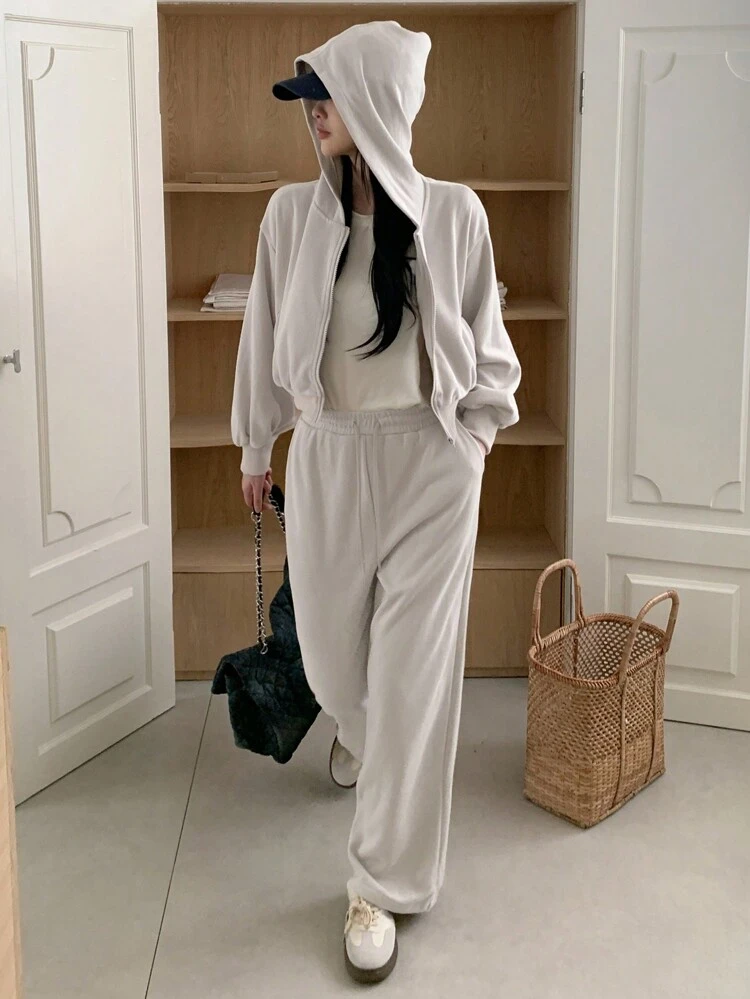 2pcs Women's Casual Loose Solid Color Drop Shoulder Hoodie Jacket And Wide Leg Pants Set, Spring/Fall