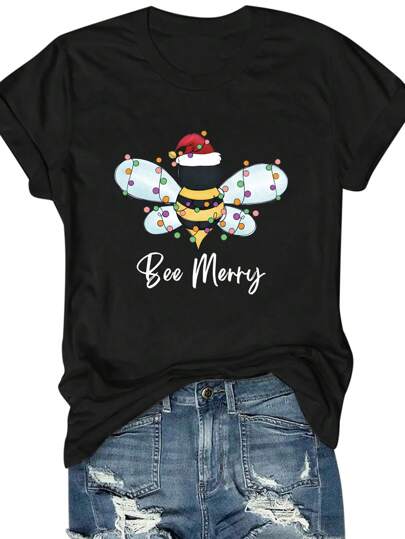 INAWLY Christmas Honeybee Graphic Round Neck Short Sleeve Casual T-Shirt