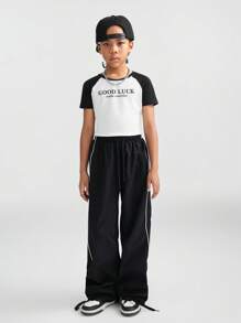 SHEIN  Tween Girls Clothes Black Pants Back To School Clothes Clothes Mommy And Me Garphic Vintage Kpop Navy Bluewide Leg Sweatpants Football/Volleyball Thanksgiving Halloween Costume Christmas Sweatpants Spring/Fall/Winter - Black - View 2