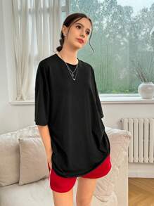 SHEIN EZwear Chất rắn Áo thun Thả vai - màu đen - Xem 4