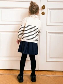 PrepCrw Young Girls Autumn/Winter School Style White & Blue Striped Single-Breasted Loose Long Sleeve Knitted Cardigan Back To School
