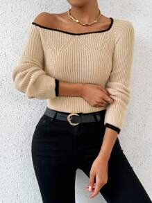 Chiquease Suéter de manga larga simple con ribete de contraste, uso diario casual para mujer