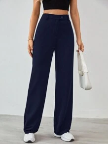 SHEIN Tall Women's Solid Color Zipper Built-In Straight Pants - Navy Blue - View 4