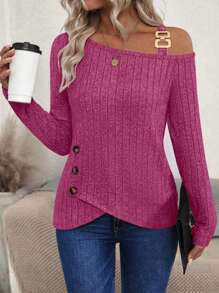 Chiquease 女士纯色休闲露肩不对称下摆 T 恤 - 玫紅色 - 查看 1