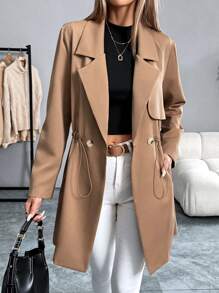 Chiquease Solid Color Drawstring Waist Trench Coat, Autumn - Brown - View 4