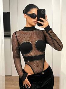 SHEIN ICON Women Sexy Rhinestone Fishnet Sheer Bodysuit, Black Clothes - Black - View 6