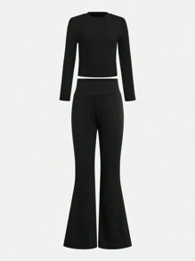 2sets Tween Girl Basic Grey & Black Long Sleeve Knit Top & High Waist Flare Knit Pants Sets