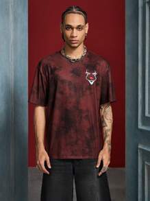 IT x SHEIN Men's Casual Dark Style Cartoon & Letter Print Tie-Dye Loose Short Sleeve T-Shirt, Summer - Burgundy - View 7