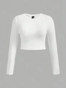 SHEIN EZwear 3pcs/Set Casual Minimalist Black, White, Pink Round Neck Long Sleeve Cropped Fitted Plus Size Women T-Shirts, Summer Pullover - Multicolor - View 6