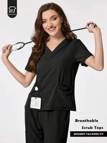 TaskEZ 纯色 V 领短袖制服手术服上衣 - 黑色 - 查看 1