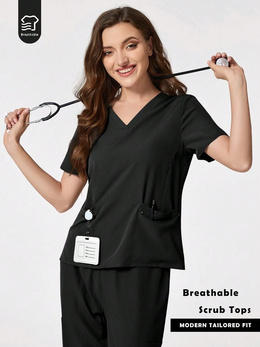 TaskEZ 纯色 V 领短袖制服手术服上衣 - 黑色 - 查看 1