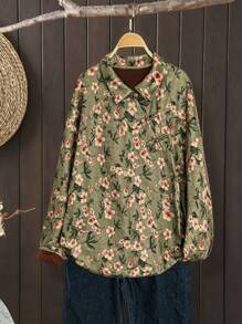 Plus Size Women Floral Printed Button Down Long Sleeve Casual Loose Blouse - Multicolor - View 1