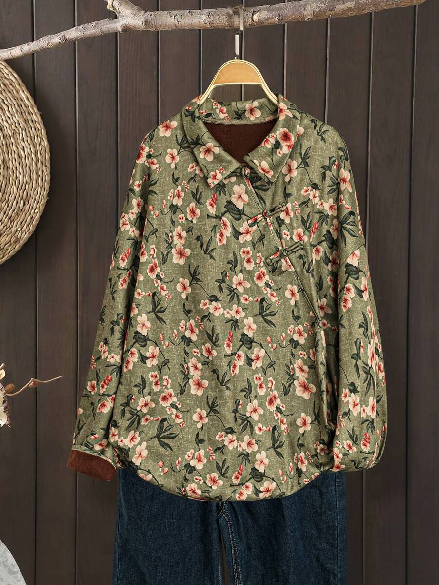 Plus Size Women Floral Printed Button Down Long Sleeve Casual Loose Blouse - Multicolor - View 1