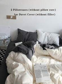 3 件套宿舍卧室白色和灰色床套 - 1 个羽绒被套，2 个枕套，超柔软，可机洗，返校床上用品 - 白色 - 查看 6