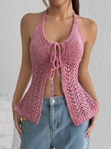 Flirla Blusa casual de punto de unicolor con nudo delantero y calado para mujer