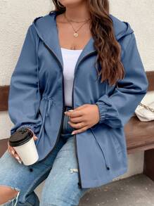 SHEIN LUNE 大码春秋休闲纯色抽绳连帽夹克 - 霧霾藍 - 查看 6