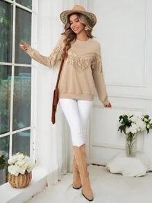 SHEIN VCAY Women's Round Neck Patchwork Fringe Casual Sweatshirt, Autumn Winter
