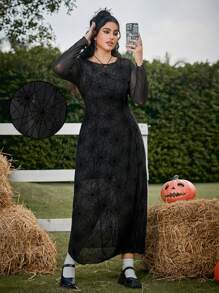 SHEIN EZwear Plus Size Women Halloween Spider Web Pattern Round Neck Long Sleeve Dress, Spring & Summer Clothes