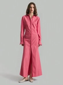 Ontre Women's Elegant Minimalist Light Pink Long Dress, Winter Cotton Fall Dresses