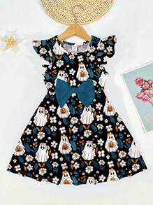 SHEIN Vestido de manga larga con línea A, estampado de lazos, flores de dibujos animados, calabaza, fantasma, adecuado para otoño/invierno, Halloween, vestido blanco para niñas, disfraz de Halloween, ropa de otoño para niñas, Halloween para niñas, vestido de fiesta de Halloween, vestido lindo