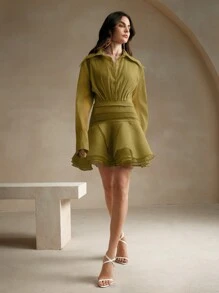 Anewsta 荷叶边饰休闲罩衫连衣裙，配低腰欧根纱女装 - 綠色 - 查看 6