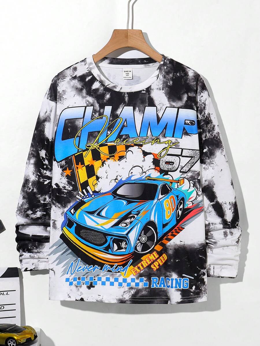 SHEIN Tween Boy Casual Street Tie-Dye Racing Car Print T-Shirt, Suitable For Commute, School, Daily Casual Wear, Sports, Autumn Winter Season - White - View 1