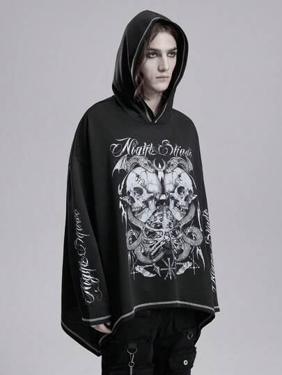 Goth sweat-shirt à capuche avec imprimé tête de mort et ourlet asymétrique, mode homme