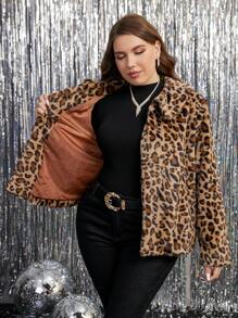 SHEIN Clasi Plus Size Casual Leopard Print Fleece Jacket, Fall/Winter