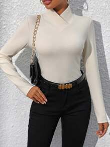 SHEIN LUNE Solid Overlap Neck Tee Fall Cloth For Women - Apricot - View 3