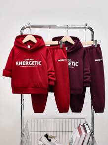 SHEIN 4pcs Young Boys Casual Minimalist Letter Printed Warm Thermal Lined Hoodie & Sweatpants Set, Suitable For Commuting, School, Daily, Sports, Autumn/Winter